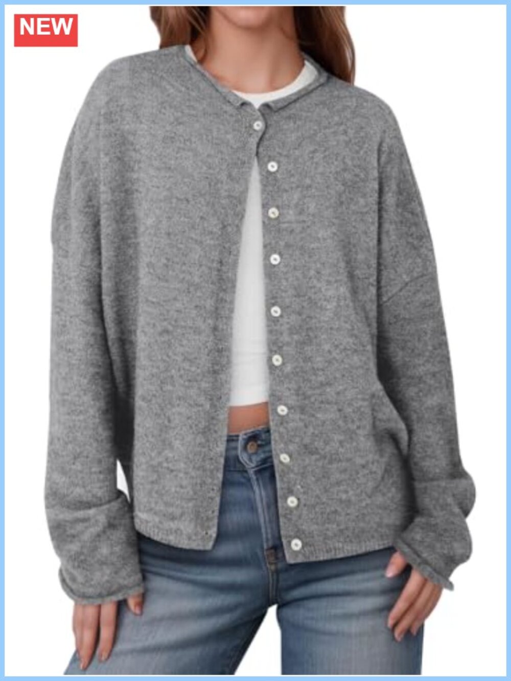 Womens Lightweight Knit Cardigan Button Up Long Sleeve Crew Neck Open Front